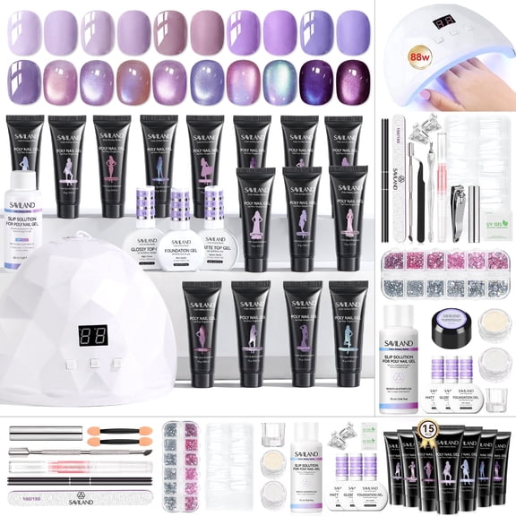 SAVILAND Hema-Free Poly Gel Nail Kit for Starter: 15 Colors Poly Gel for Long-Lasting, Purple Cat Eye Duochrome Nail Extension Kit with Slip Solution UV Lamp, Suitable for Nail Art Salon
