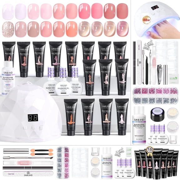SAVILAND Hema-Free Poly Gel Nail Kit Starter: 15 Extend Gel Natural Colors Peach Rose Pink Brown Cat Eye Effect with Mini Nail Lamp Slip Solution for Long Lasting Nourish Nails Home Salon Daily DIY