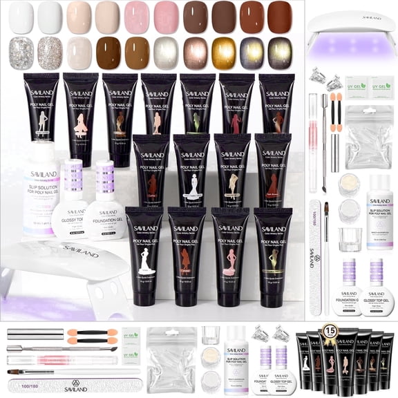 SAVILAND Hema-Free Poly Nail Gel Kit, 15 Colors Cat-Eye with U V Lamp for Nail Art