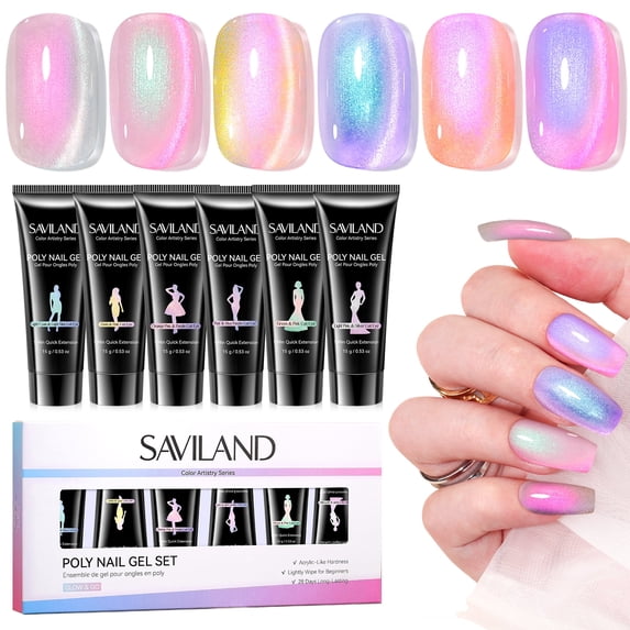 SAVILAND Hema-Free Poly Nail Gel Kit: 6 Aurora Colors Poly Extension Gel Nail Kit with Cat Eye Eeffect, 28-Day Lasting Hardness Poly Gel for Nourishing Nails Builder Enhancement Nail Art Home Salon