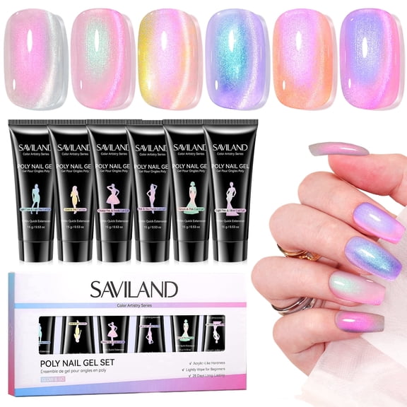 SAVILAND Hema-Free Poly Nail Gel Kit: 6 Aurora Colors Poly Extension Gel Nail Kit with Cat Eye Eeffect, 28-Day Lasting Hardness Poly Gel for Nourishing Nails Builder Enhancement Nail Art Home Salon