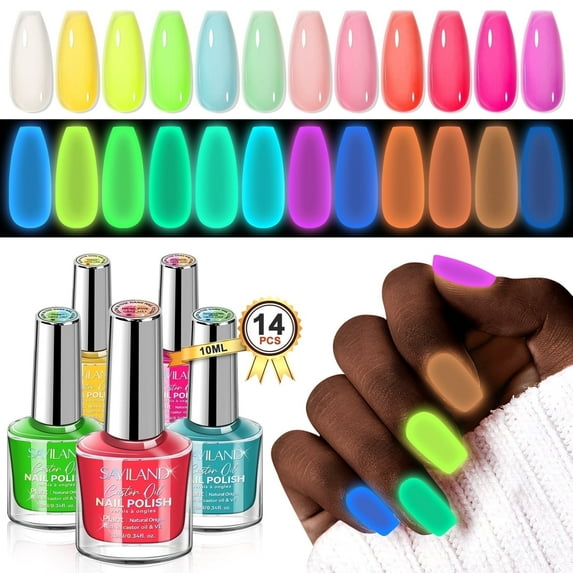 SAVILAND Luminous Neon Nail Polish Set: 12 Colors Glows in the Dark Vegan Nail Polish Kit with Base&Top Coat, Glow Effect Regular Nail Polish Quick Dry for Finger Toe Nail Art Beginner