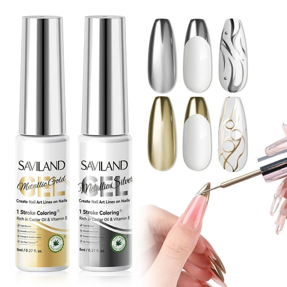 SAVILAND Metallic Gel Nail Polish Liner: 2Pcs Ultra-Smooth Silver&Gold Metallic Gel Liner Nail Art VE Castor Oil Mirror Chrome Effect Charms Supplies Manicure Curing Require