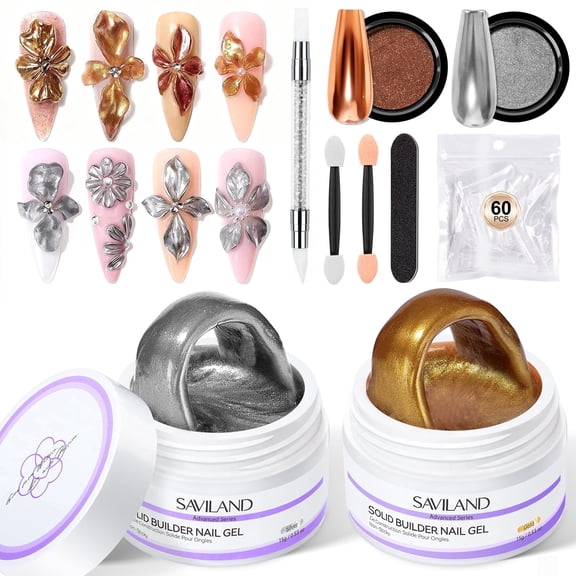 SAVILAND Non Sticky Solid Builder Nail Gel: Gold Silver Metallic 3D Nail Gel No Wipe Sculpting Gel for Nail Art Easy Sculpting Molding Gel with Nail Powder DIY Manicure Carving Decoration Salon