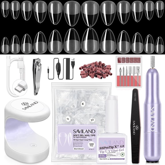 SAVILAND Gel Nail Kit with 500 Short Almond Tips, Electric Nail Drill, Nail Glue