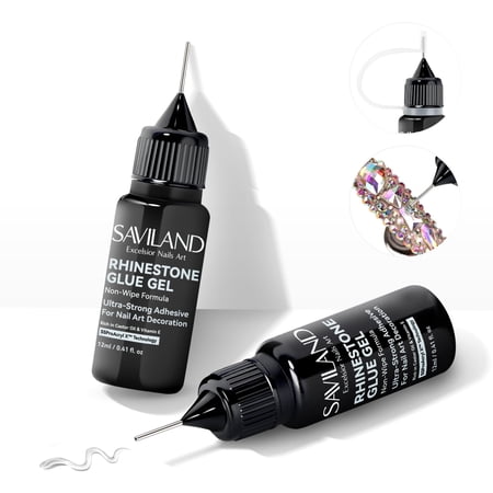 SAVILAND Pro Rhinestone Glue Gel Super Strong Adhesive: 2 PCS 12 ml Rhinestone Glue for Nails with Precision Tip Powerful Grip for Nail Decorations Nail Charms Gems Jewel Diamonds Cured Need