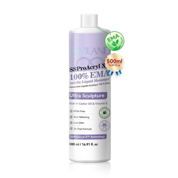 SAVILAND Pure EMA Monomer Acrylic Nail Liquid: 500 ml 16.91 fl. oz Acrylic Liquid Low Odor Non-Yellowing Nail Monomer for Acrylic Powder Nail Extension