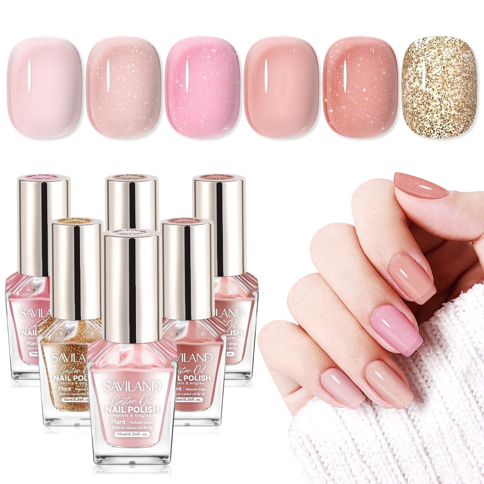 SAVILAND Quick Dry Nail Polish: 6Pcs Hot Sheer Color Nail Polish Set Neutral Solid Color Pink Nudes Glitter Nail Polish Kit Castor Oil Non Gel Nail Polish Finger Toe