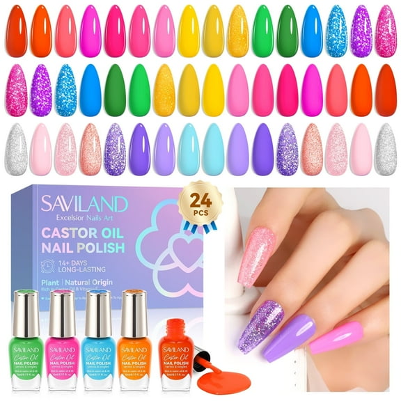 SAVILAND Quick-Dry Nail Polish Set : 24 Trendy Neon Glitter Color Locked X Tech Regular Nail Polish Kit Finger Bulk Nail Polish Castor Oil Vitamin E Nail Lacquer