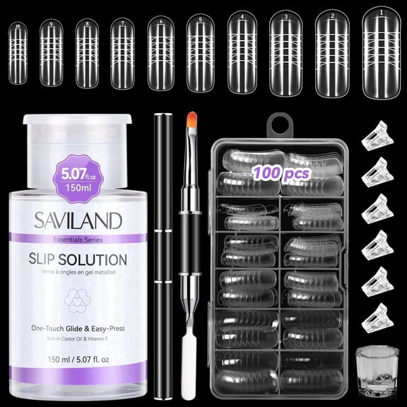 SAVILAND Slip Solution Kit for Poly Gel: 5.07fl.oz Large Anti-Stick Gel Liquid for Poly Gel, All-In-1 Nail Kit with Dual-Ended Nail Brush Dual Forms Dappen Dish for Beginners Nail Art Extension DIY
