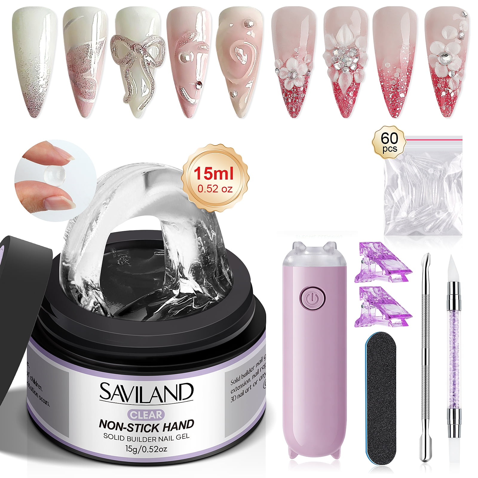 SAVILAND Solid Builder Nail Gel with U V Lamp : 2024 Ultra-Strength|Non-Sticky|PRO-Hard Clear Builder Nail Art Gel for 3D Nail Carving Emboss & Fast Extension Professional Use Salon
