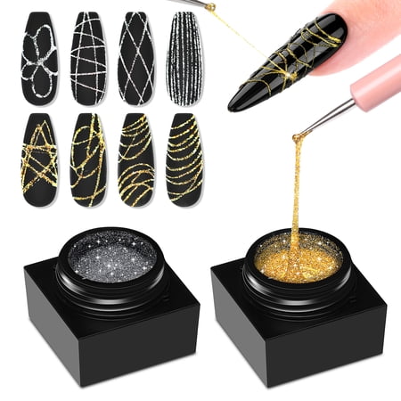 SAVILAND Spider Gel for Nails Unbreakable Elasticity: 2 PCS Spider Gel for Nail Art Plant Based Ingredient Spider Nail Gel for Drawing Liner Sparkling Effect Beginner Home Use Glitter Gold Silver
