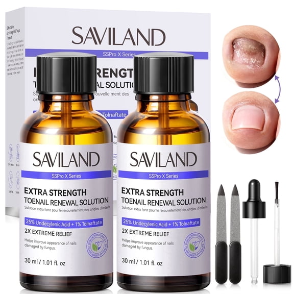 SAVILAND 2 Pack Toenail Fungus Treatment, 25% Undecylenic Acid & 1% Tolnaftate, for Thick Discolored Damaged Nails, 2.02 fl.oz