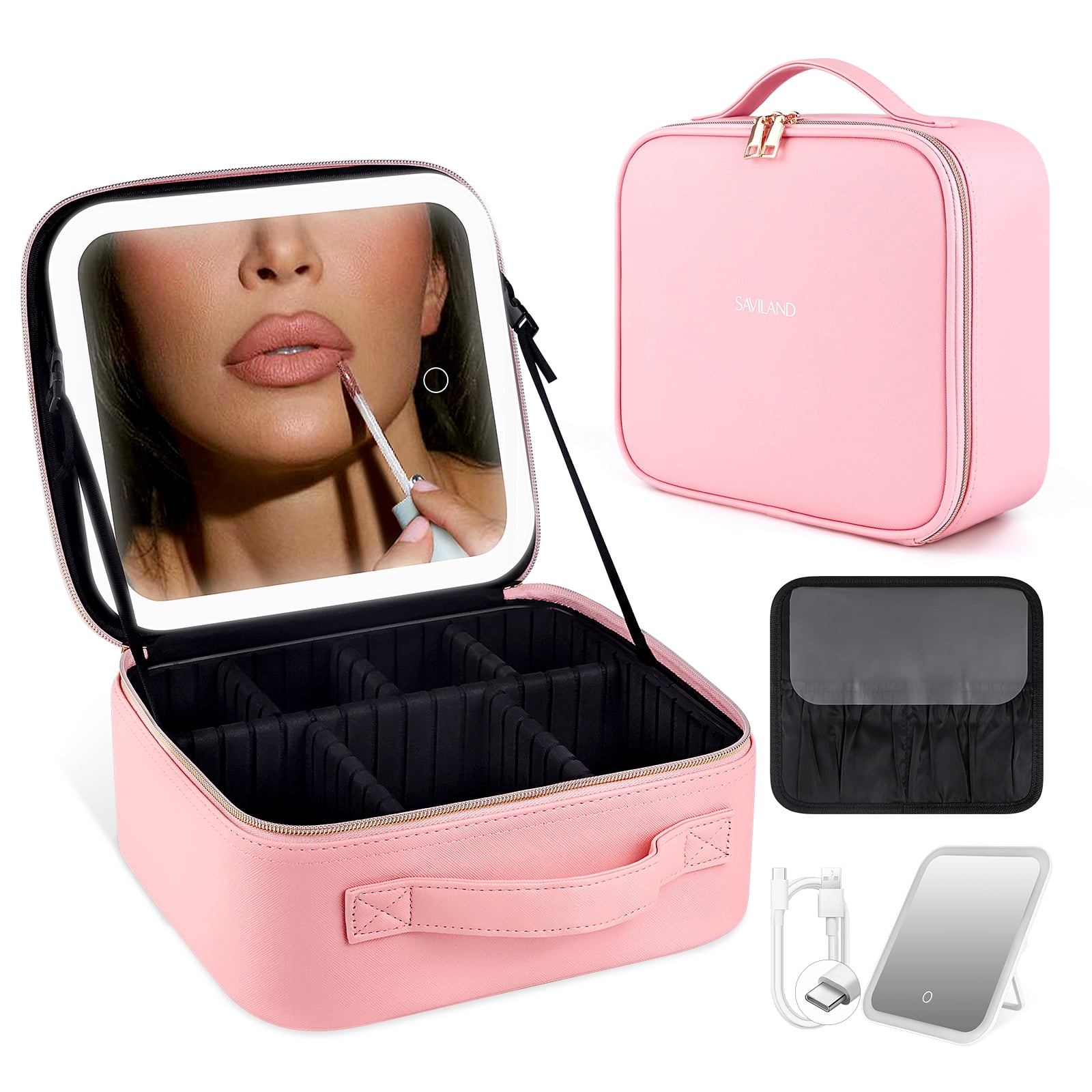 SAVILAND Reise-Makeup-Tasche Mit LED-Spiegel – PU-Leder, Verstellbare Trennwände, Wasserabweisend