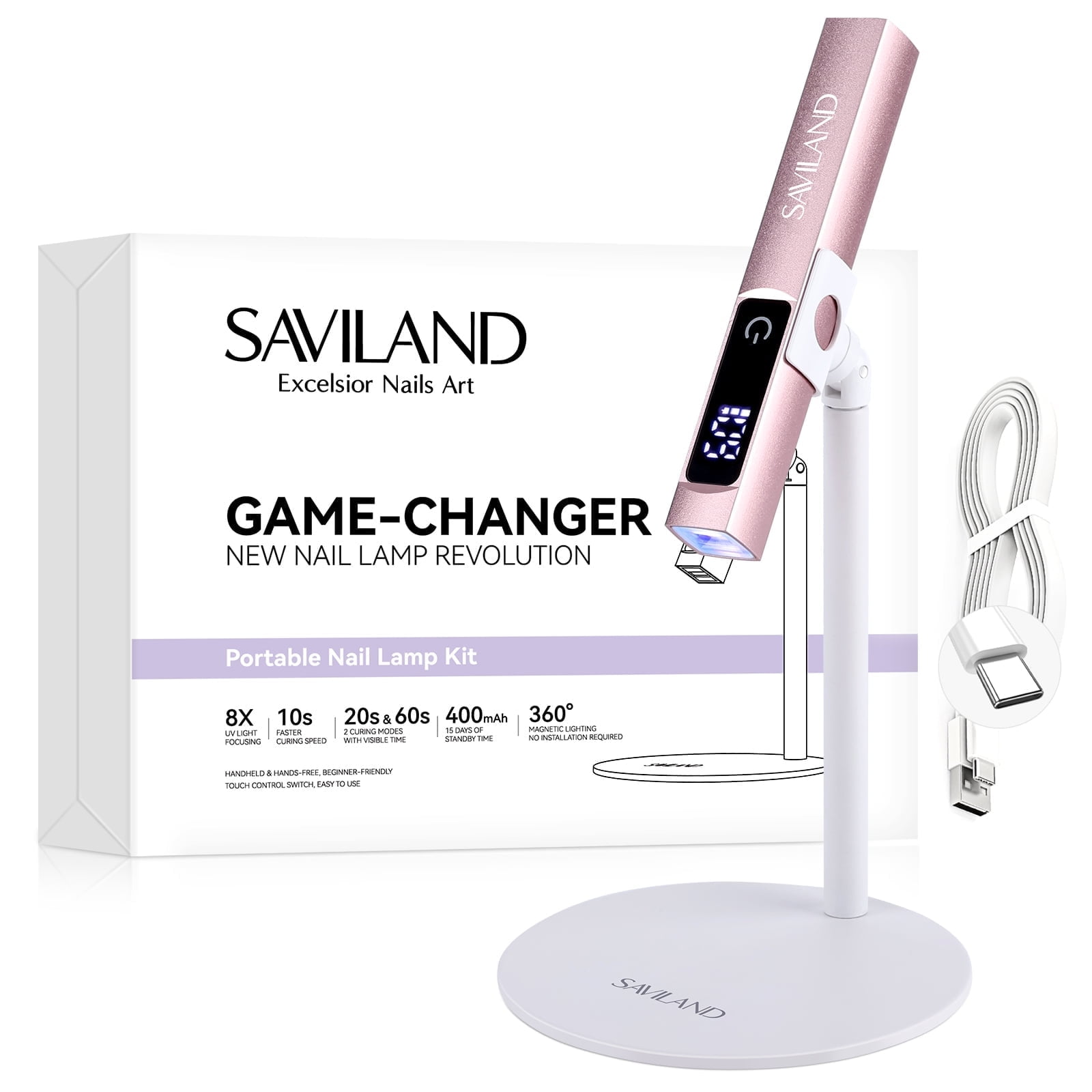 SAVILAND U V Light for Gel Nails: 10s Flash Cure U V Light for Nails with Magnetic Stand LED Screen 400mAh Rechargeable LED Nail Lamp Portable Gel Light 2-Timers