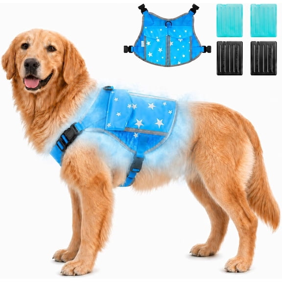 SAVIOR COOL Comfort Dog Cooling Vest for Medium Large Dogs, Soft Summer Cooling Harness with 4 Cold Source, SPF 50+ Sun Guard, Breathable Reflective Jacket for Hot Weather Safety
