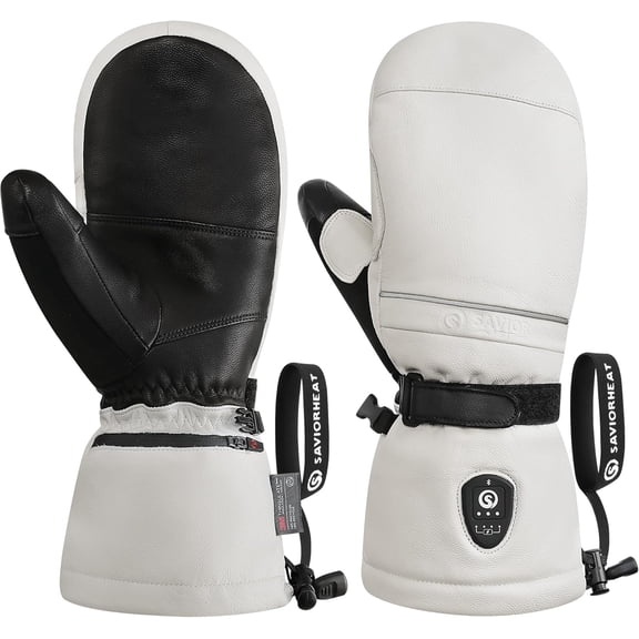 SAVIOR HEAT Heated Ski Mittens 3.0 for Men Women, 3000mAh Rechargeable Battery Electric Leather Gloves, Waterproof 3M Thinsulate Extreme Cold Winter Gloves, EH8 PRO Heating for Skiing