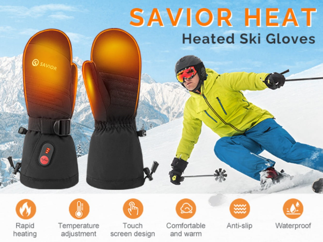SAVIOR HEAT Heated Ski Mittens – 3 Heat Levels, Waterproof Windproof, Touchscreen for Skiing, Snowboarding & Winter Outdoor Activities