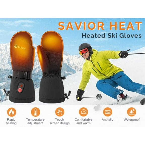 SAVIOR HEAT Heated Ski Mittens – 3 Heat Levels, Waterproof Windproof, Touchscreen for Skiing, Snowboarding & Winter Outdoor Activities