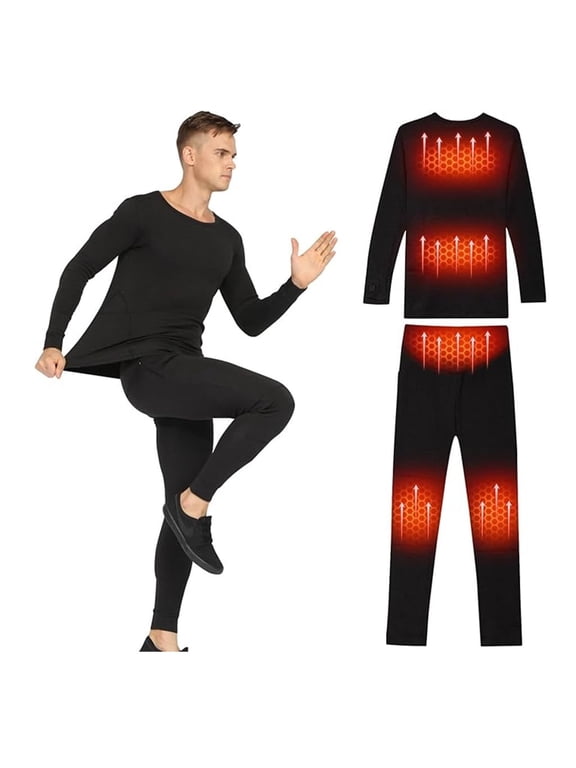 Heated Thermal Underwear Set for Men & Women - Black & Gray, 30Sec Fast Heating, 3 Temp Settings (100℉-150℉), 7.4V 3000mAh Rechargeable Batteries, Breathable Polyester - Ideal for Winter