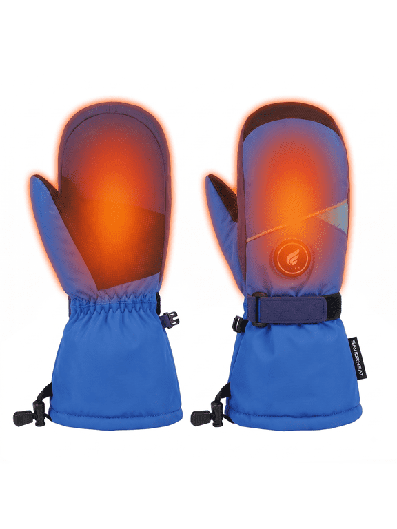 Kids Heated Ski Mittens, Waterproof Electric Snow Mittens with Rechargeable Battery, Anti-Lost Reflective Design for Boys Girls Winter Skiing, Snowboarding