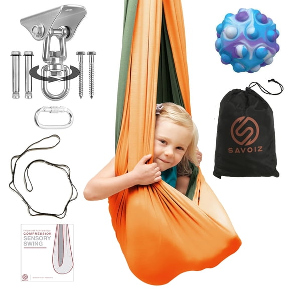 SAVOIZ Indoor Therapy Swing - Sensory Hammock Autism, ADHD, Aspergers - Double Layer Reversible Orange and Green - Hardware Included - Indoor Swing - Outdoor Swing - Kids Sensory Swing