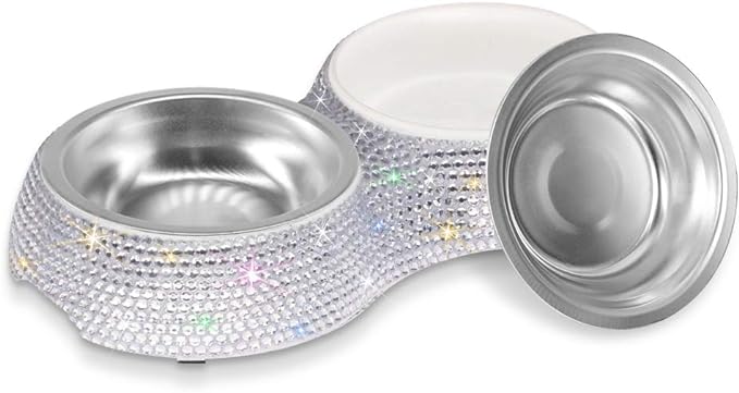 SAVORI Small Cat Bowls Pink, 320ML Handmade Bling Rhinestones Stainless Steel Pet Bowls