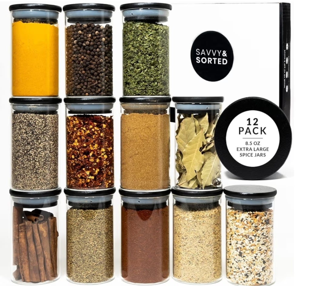 Savy Rack SAVVY & SORTED 12 Black Bamboo Spice Jars - 8.5oz Large Glass Jars with ...