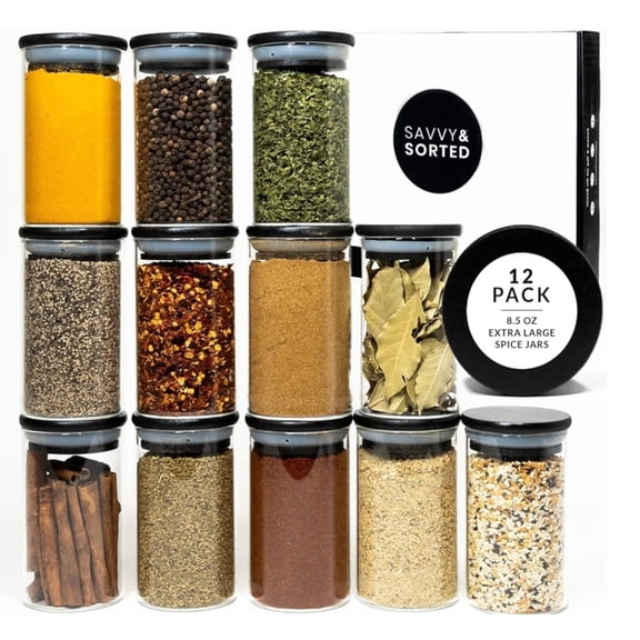 SAVVY & SORTED 12 Black Bamboo Spice Jars - 8.5oz Large Glass Jars with Black Bamboo Lids - Seasoning Jars with Airtight Lid, Containers Herb Spice Rack Kitchen Organization need desceription