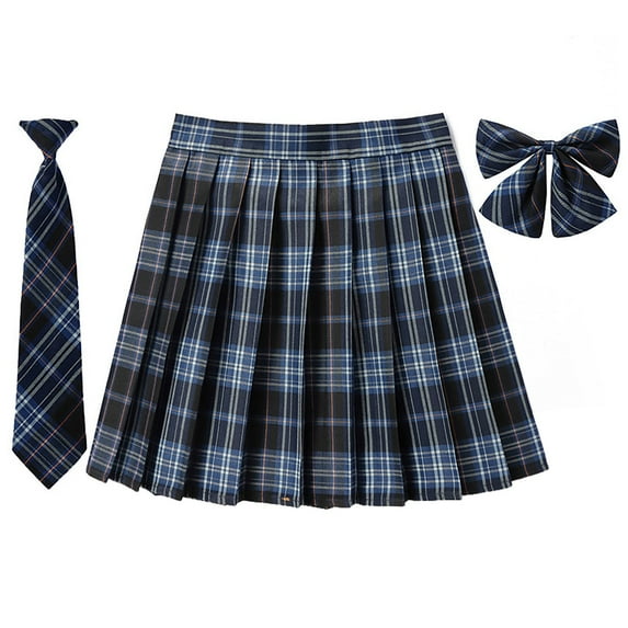 SAWKMW Girls Women's Pleated Plaid Skirt With Necktie Bowtie Lining Shorts School Girl Uniform(Blue,L)