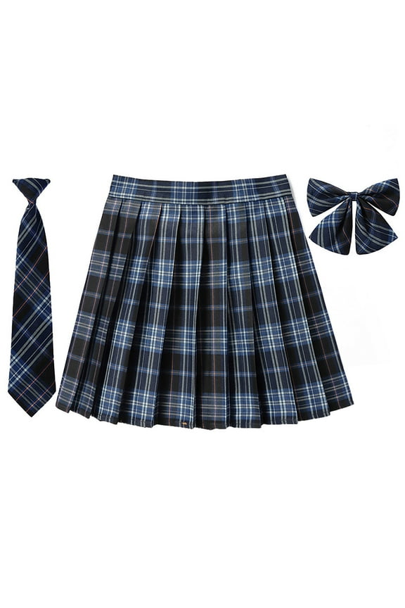 Women's Girl Plaid JK Pleated Skirt High Waist Miniskirt Bow Tie Suit Schoolgirl Uniform(Blue,M)