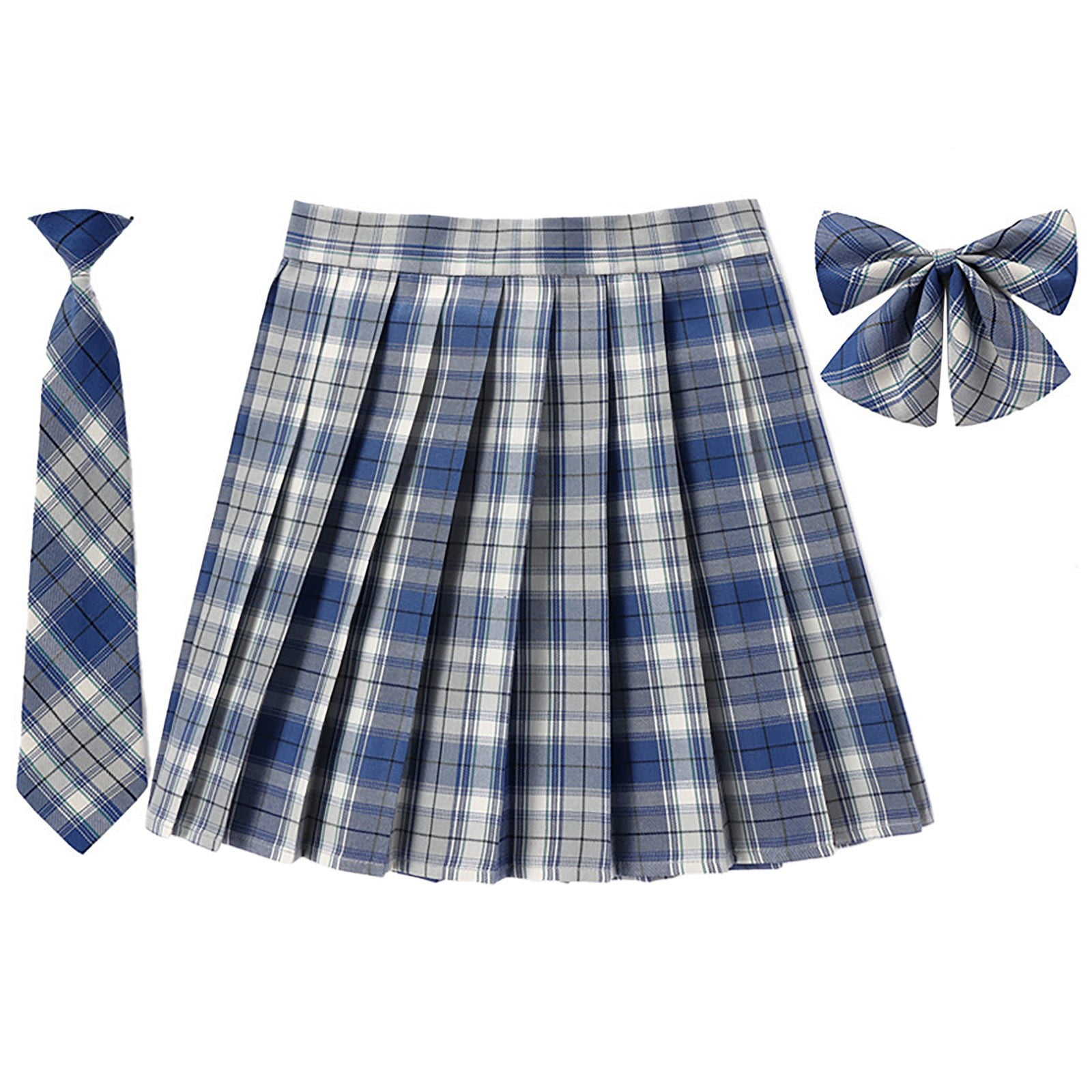 SAWKMW Girls Women's Pleated Plaid Skirt With Necktie Bowtie