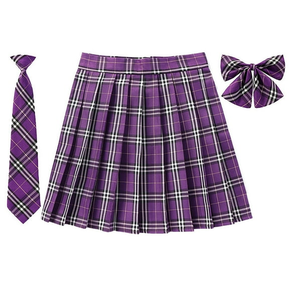 SAWKMW Girls Women's Pleated Plaid Skirt With Necktie Bowtie Lining Shorts School Girl Uniform(Purple,XXL)