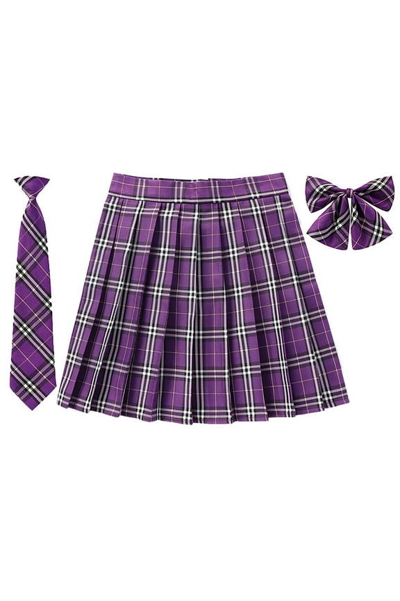 Girls Women's Pleated Plaid Skirt With Necktie Bowtie Lining Shorts School Girl Uniform(Purple,XXL)