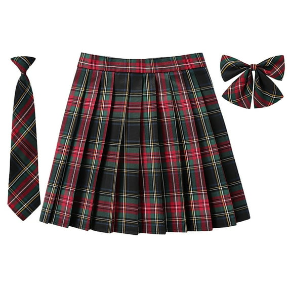 SAWKMW Women's Girls Plaid Pleated Skirt With Necktie Bowtie High Waisted School Uniform A-line Pleated JK Skirt Skater Tennis(Z1-,L)