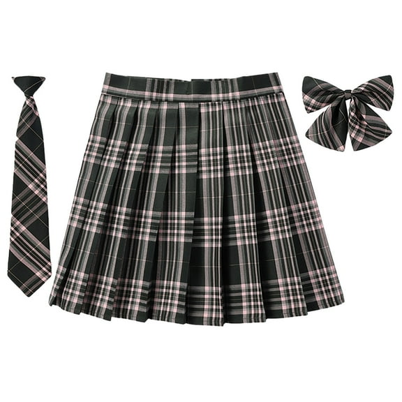 SAWKMW Women's Girl Plaid JK Pleated Skirt High Waist Miniskirt Bow Tie Suit Schoolgirl Uniform(Pink,XXL)