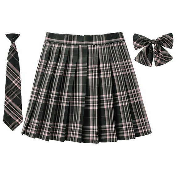 SAWKMW Girls Women's Pleated Plaid Skirt With Necktie Bowtie Lining Shorts School Girl Uniform(Pink,3XL)
