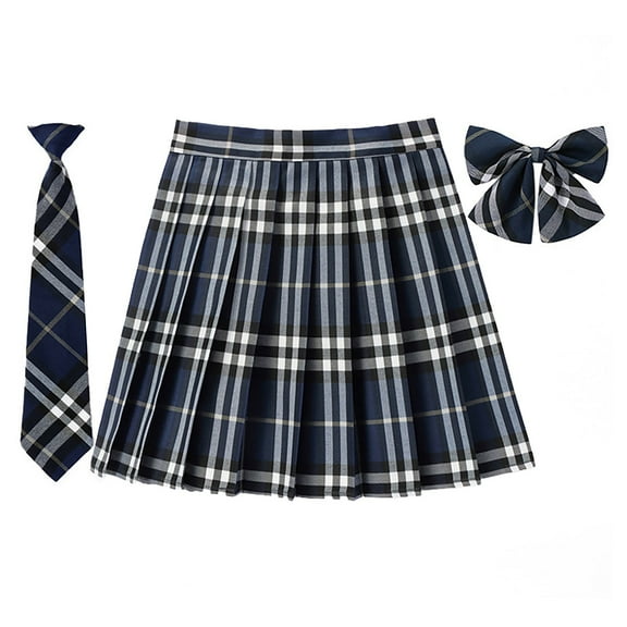 SAWKMW Women's Girls Plaid Pleated Adjustable Waist High School Skirts with Bow Ties(Z2-Dark Blue,XXL)