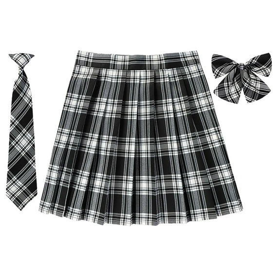 SAWKMW Women's Girls Plaid Pleated Skirt With Necktie Bowtie High Waisted School Uniform A-line Pleated JK Skirt Skater Tennis(Black,M)