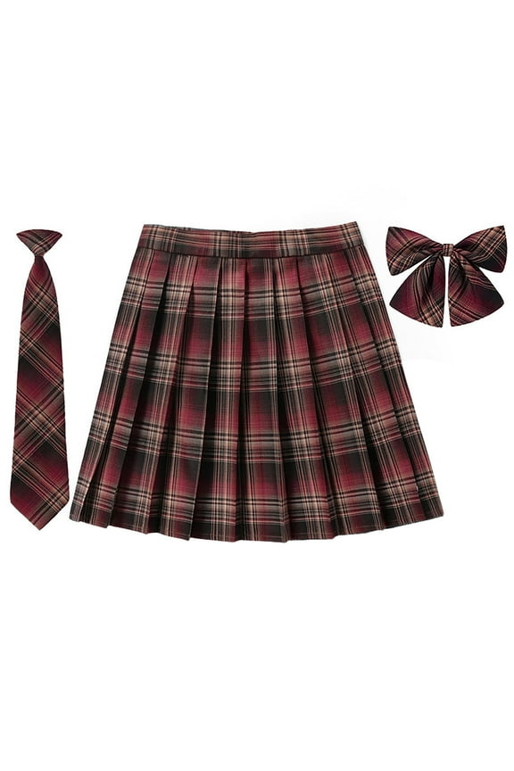 SAWKMW Women's Girls Plaid Pleated Skirt With Necktie Bowtie High Waisted School Uniform A-line Pleated JK Skirt Skater Tennis(Brown,S)