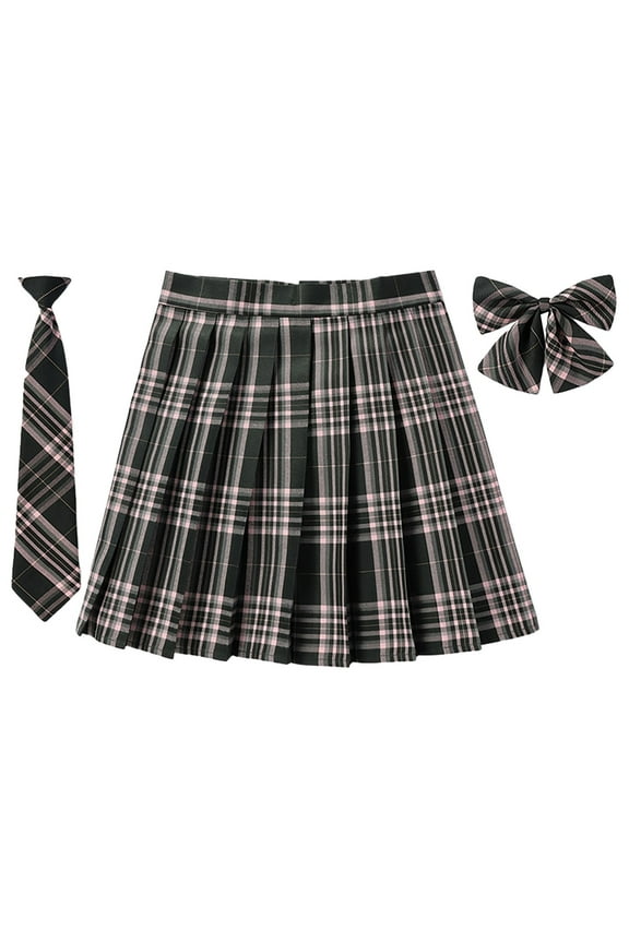 SAWKMW Women's Girls Plaid Pleated Skirt With Necktie Bowtie High Waisted School Uniform A-line Pleated JK Skirt Skater Tennis(Pink,M)