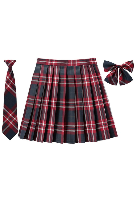 SAWKMW Women's Girls Plaid Pleated Skirt With Necktie Bowtie High Waisted School Uniform A-line Pleated JK Skirt Skater Tennis(Red,M)