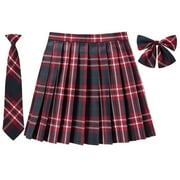 HESSIMY SAWKMW Women's Girls Plaid Pleated Skirt With Necktie Bowtie High Waisted School Uniform A-line Pleated JK Skirt Skater Tennis(Red,XXL)