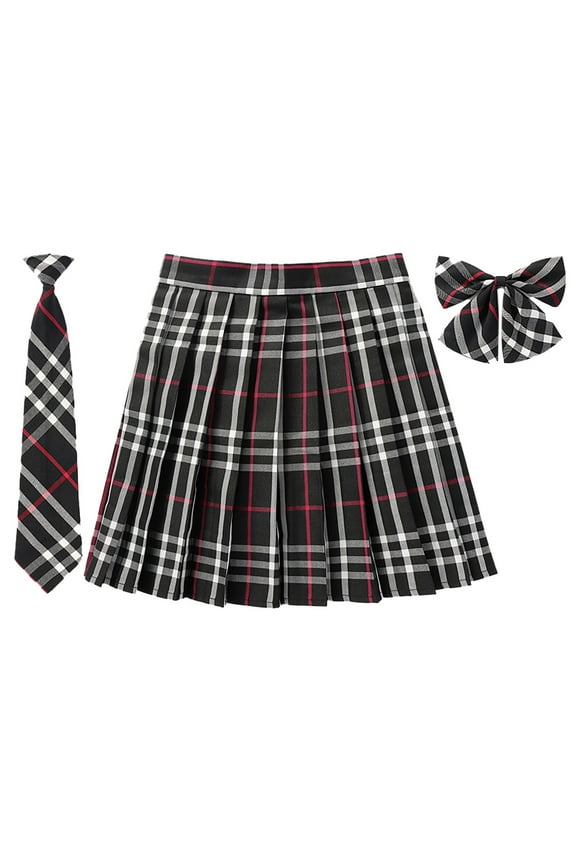 SAWKMW Women's Girls Plaid Pleated Skirt With Necktie Bowtie High Waisted School Uniform A-line Pleated JK Skirt Skater Tennis(Z1-Black,S)
