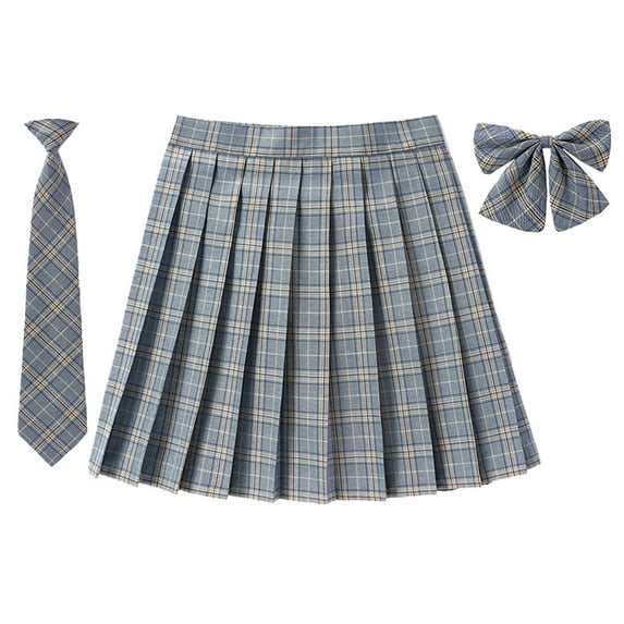SAWKMW Women's Girl Plaid JK Pleated Skirt High Waist Miniskirt Bow Tie Suit Schoolgirl Uniform(Z1-Blue,S)
