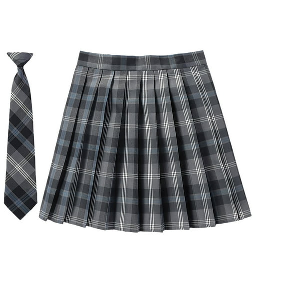 SAWKMW Women's Girls Plaid Pleated Skirt With Necktie Bowtie High Waisted School Uniform A-line Pleated JK Skirt Skater Tennis(Z1-Grey,S)