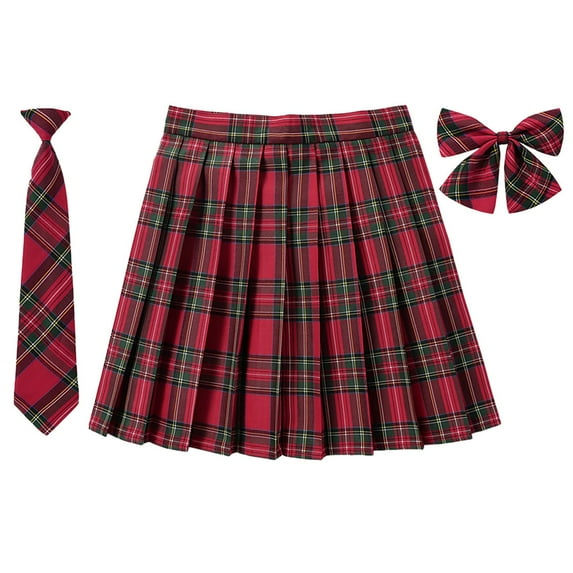 SAWKMW Women's Girl Plaid JK Pleated Skirt High Waist Miniskirt Bow Tie Suit Schoolgirl Uniform(Z1-Red,M)