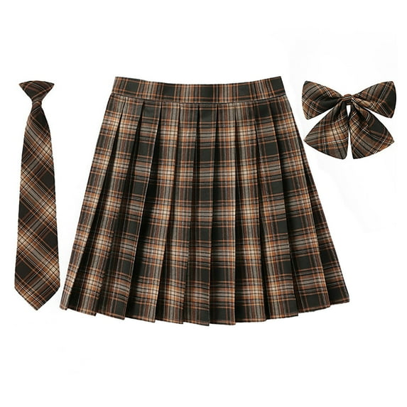SAWKMW Girls Women's Pleated Plaid Skirt With Necktie Bowtie Lining Shorts School Girl Uniform(Z2-Brown,XL)