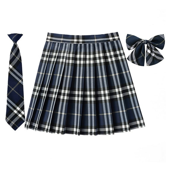 SAWKMW Girls Women's Pleated Plaid Skirt With Necktie Bowtie Lining Shorts School Girl Uniform(Z2-Dark Blue,3XL)