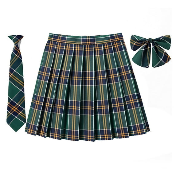 SAWKMW Girls Women's Pleated Plaid Skirt With Necktie Bowtie Lining Shorts School Girl Uniform(Z2-Green,3XL)